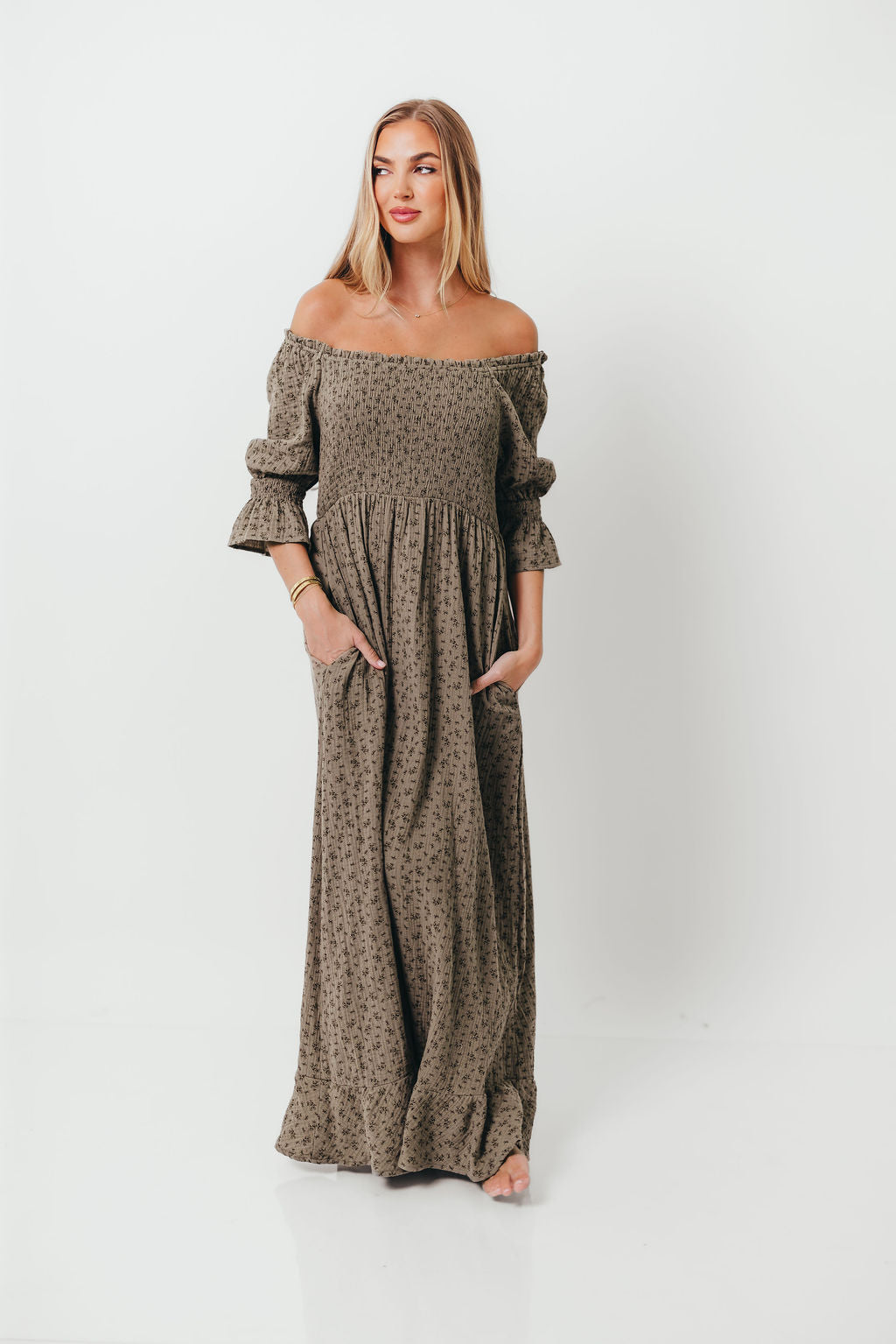 Sienna 100% Cotton Puff Sleeve Maxi Dress in Olive Foliage - Bump Friendly *9/26 PRE-ORDER*