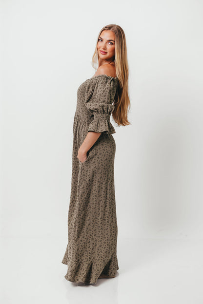 Sienna 100% Cotton Puff Sleeve Maxi Dress in Olive Foliage - Bump Friendly *9/26 PRE-ORDER*