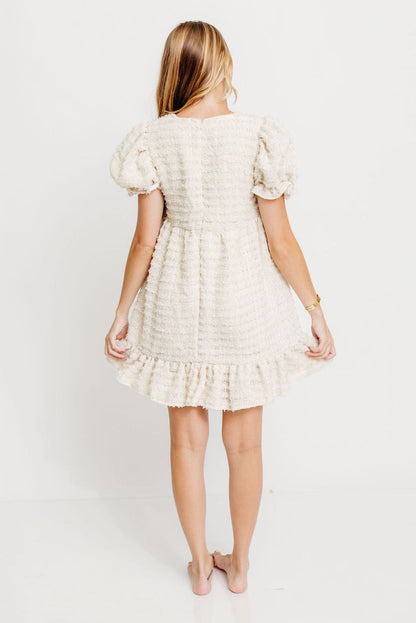 Blair Frayed Puff Sleeve Mini Dress in Cream