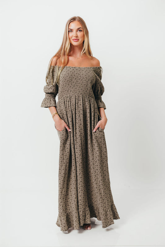 Sienna 100% Cotton Puff Sleeve Maxi Dress in Olive Foliage - Bump Friendly *9/26 PRE-ORDER*
