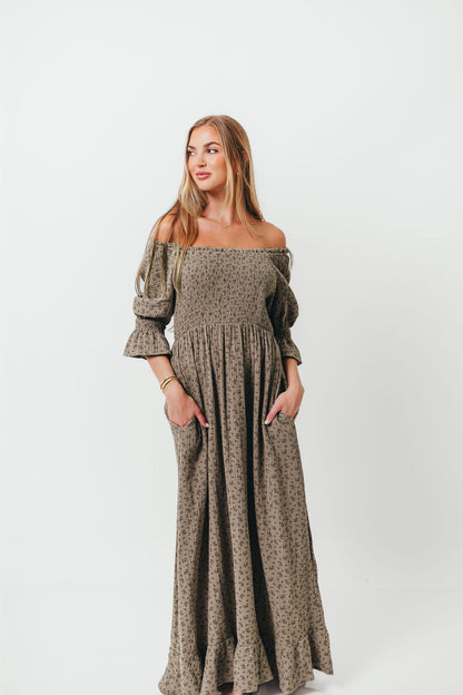 Sienna 100% Cotton Puff Sleeve Maxi Dress in Olive Foliage - Bump Friendly *9/26 PRE-ORDER*