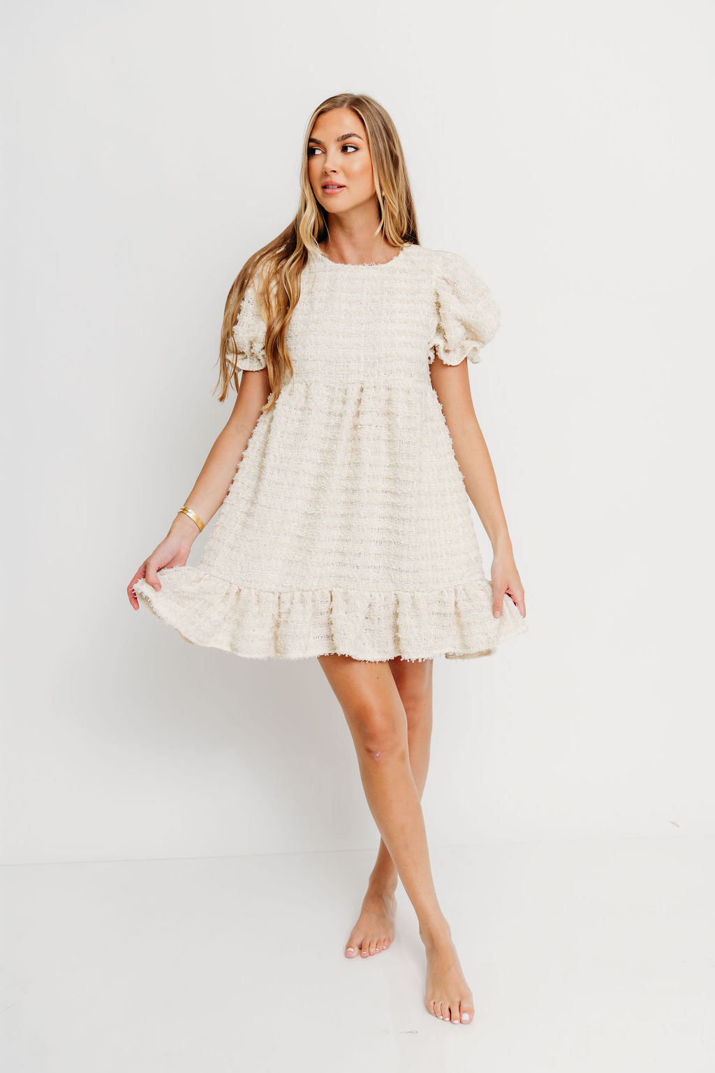 Blair Frayed Puff Sleeve Mini Dress in Cream
