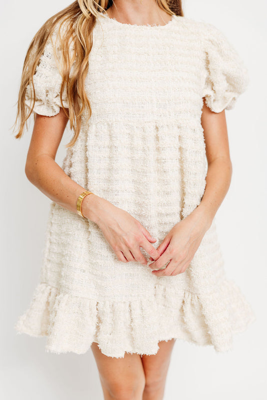 Blair Frayed Puff Sleeve Mini Dress in Cream