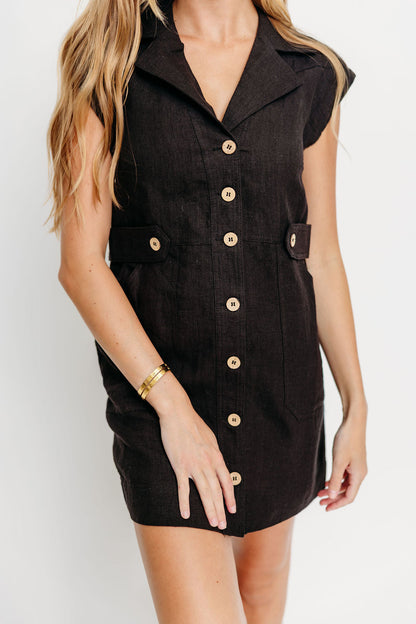 Freya 100% Linen Mini Dress in Black
