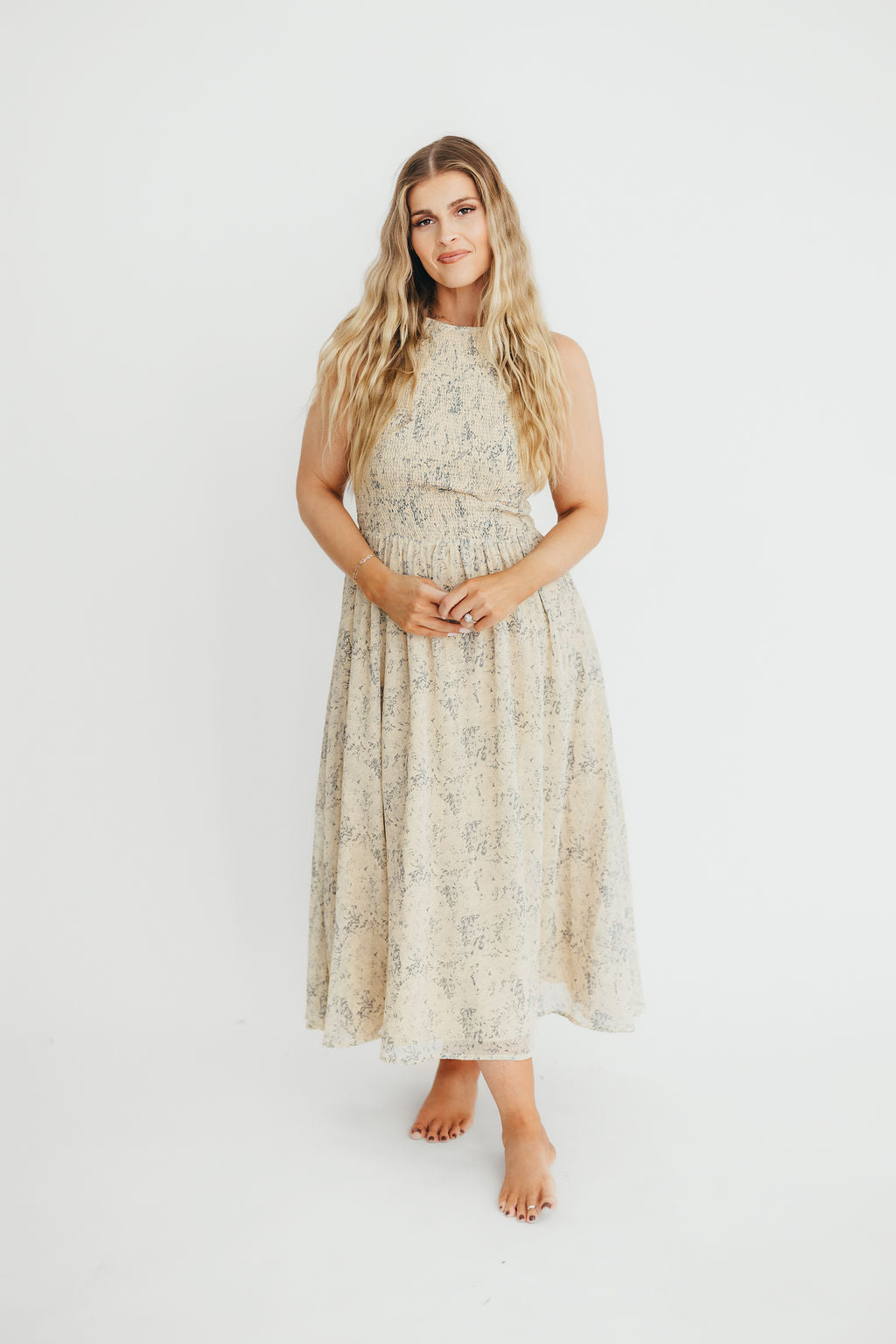 Alaina Floral Print Smocked Midi Dress in Blue Multi