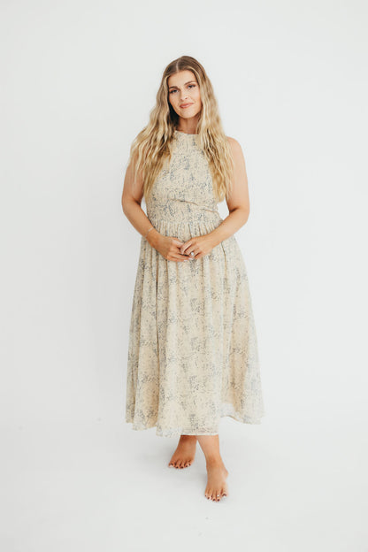 Alaina Floral Print Smocked Midi Dress in Blue Multi