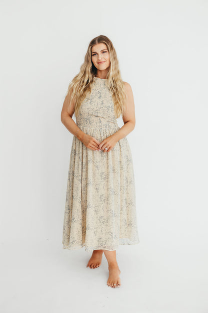 Alaina Floral Print Smocked Midi Dress in Blue Multi