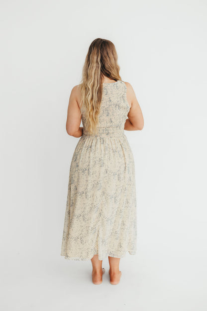 Alaina Floral Print Smocked Midi Dress in Blue Multi