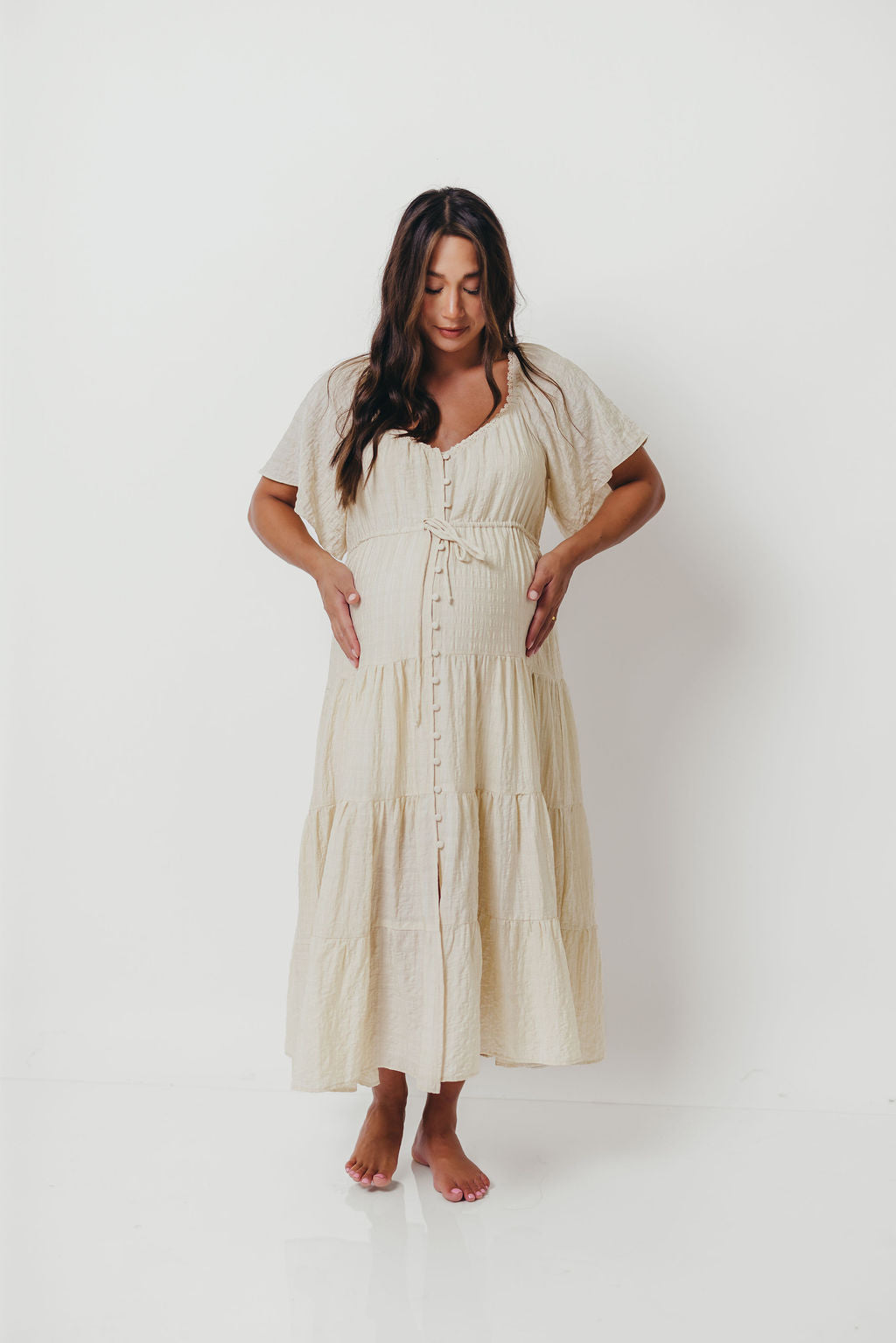 Rumi Woven Sweetheart Maxi Dress in Natural - Bump Friendly - Detachable Liner
