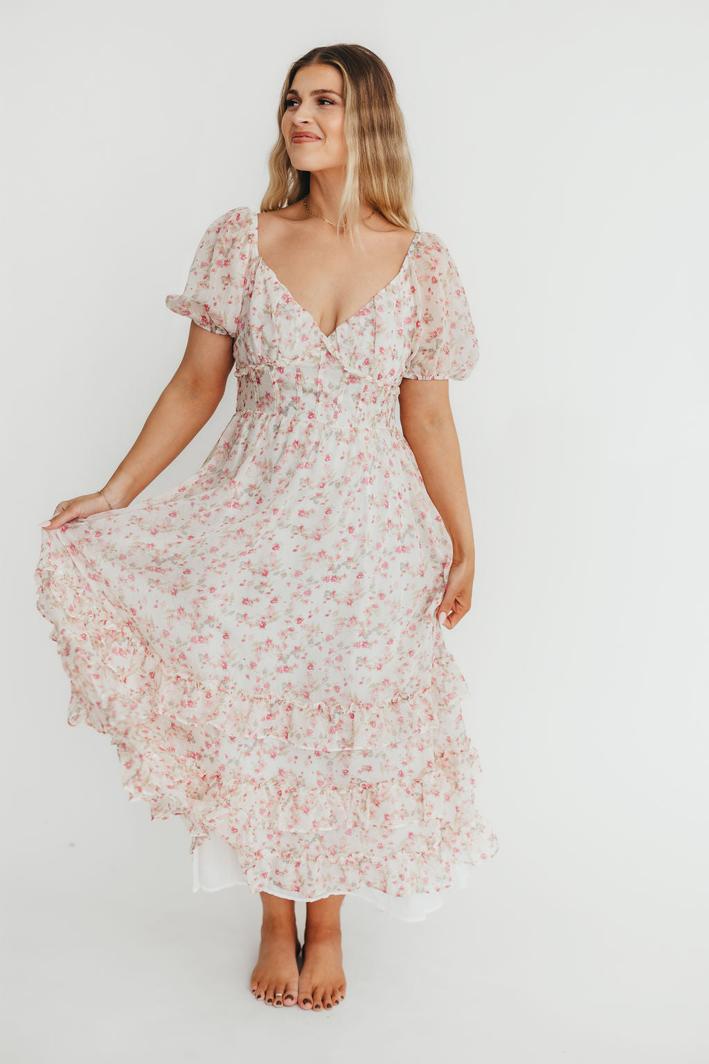 Danielle Corset Maxi Dress in White/Pink Floral