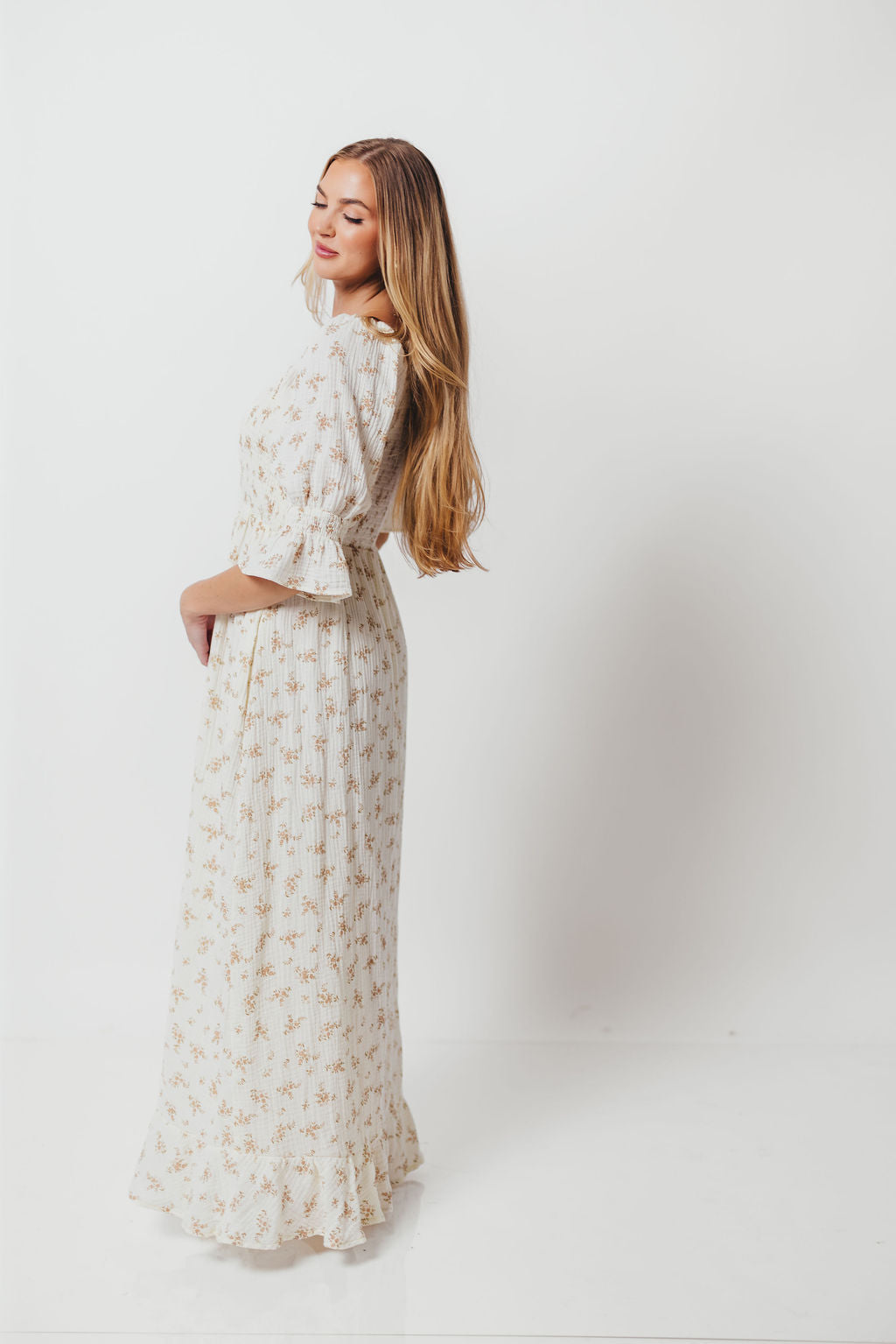 Sienna 100% Cotton Puff Sleeve Maxi Dress in Cream - Bump Friendly