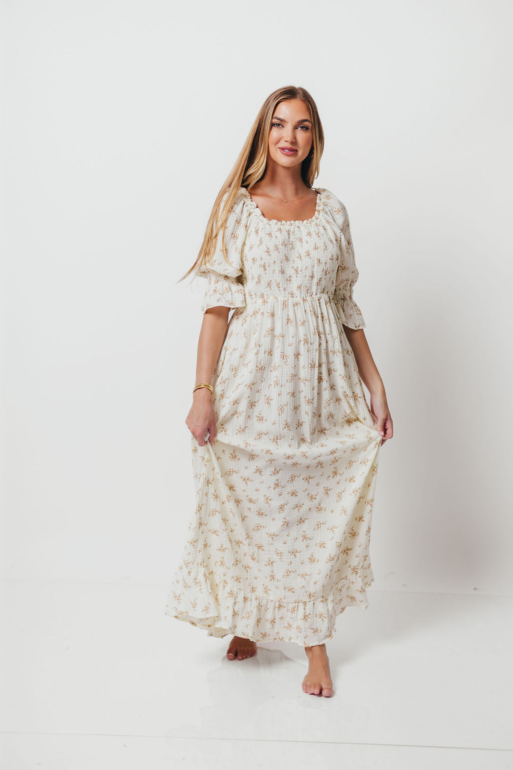 Sienna 100% Cotton Puff Sleeve Maxi Dress in Cream - Bump Friendly
