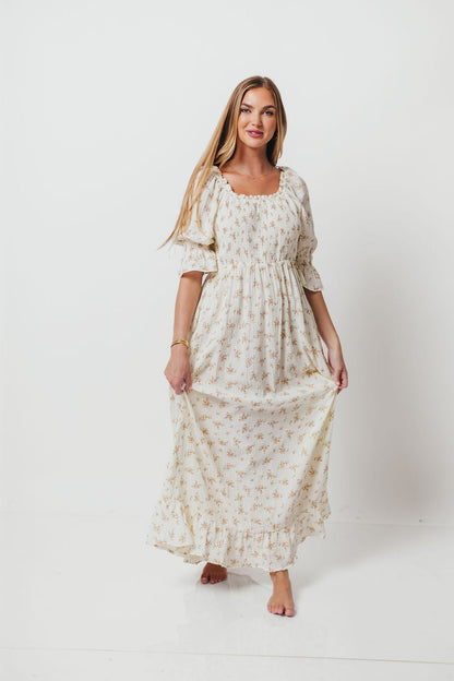 Sienna 100% Cotton Puff Sleeve Maxi Dress in Cream - Bump Friendly