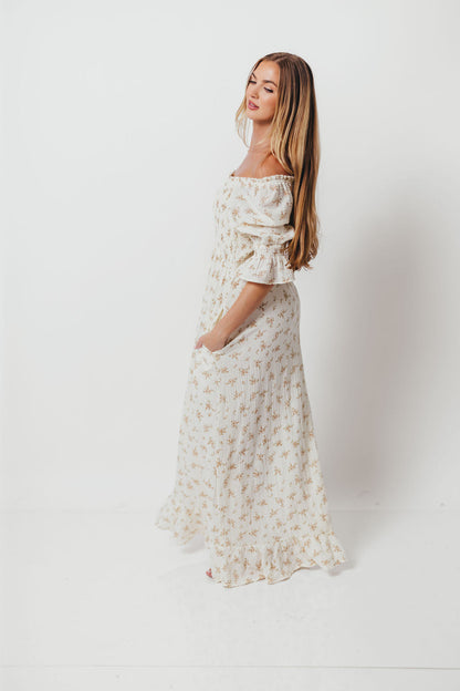 Sienna 100% Cotton Puff Sleeve Maxi Dress in Cream - Bump Friendly