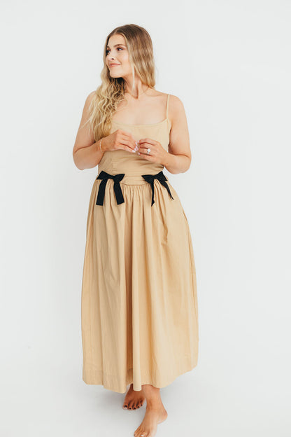 Celeste Square Neck Midi Dress with Bow Detail in Khaki