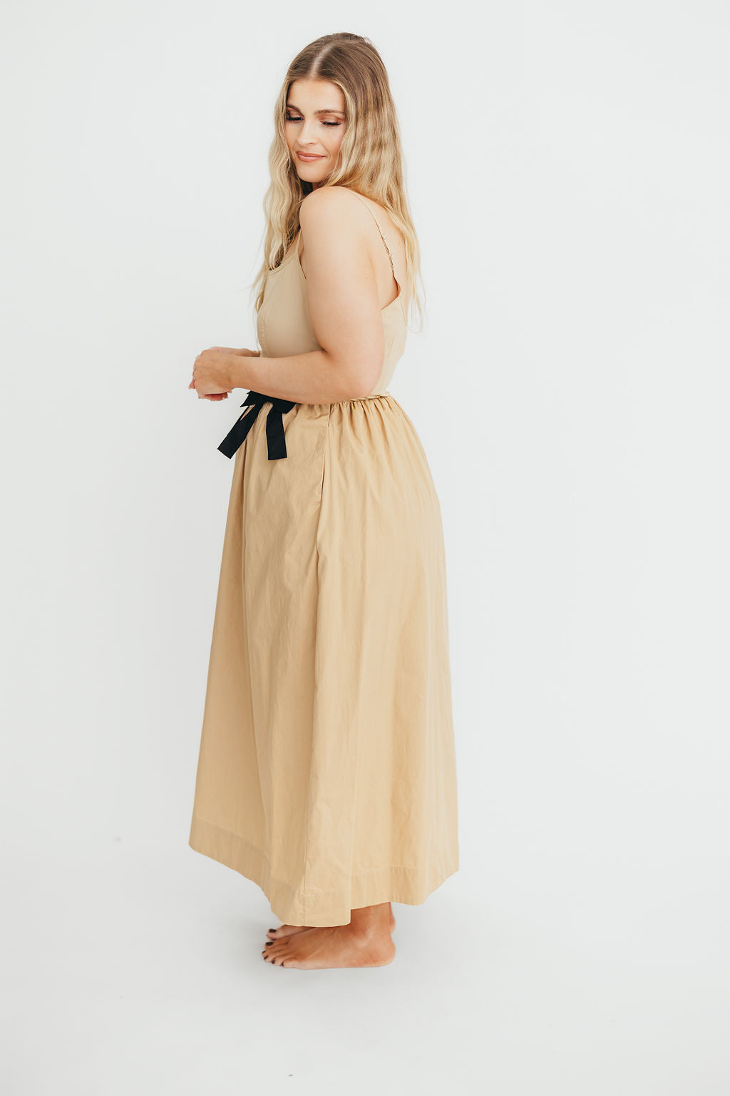 Celeste Square Neck Midi Dress with Bow Detail in Khaki