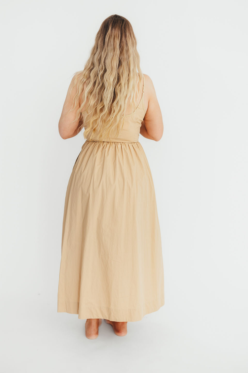 Celeste Square Neck Midi Dress with Bow Detail in Khaki