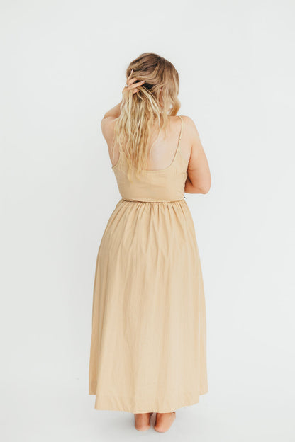 Celeste Square Neck Midi Dress with Bow Detail in Khaki