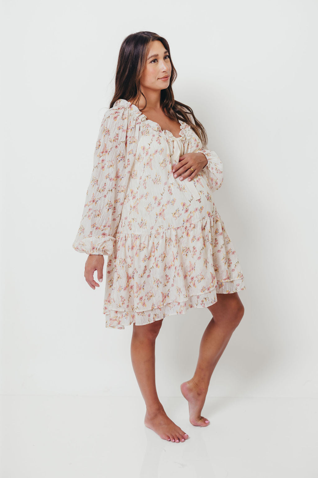 Maui Soft Petals Flare Mini Dress in Cream Multi