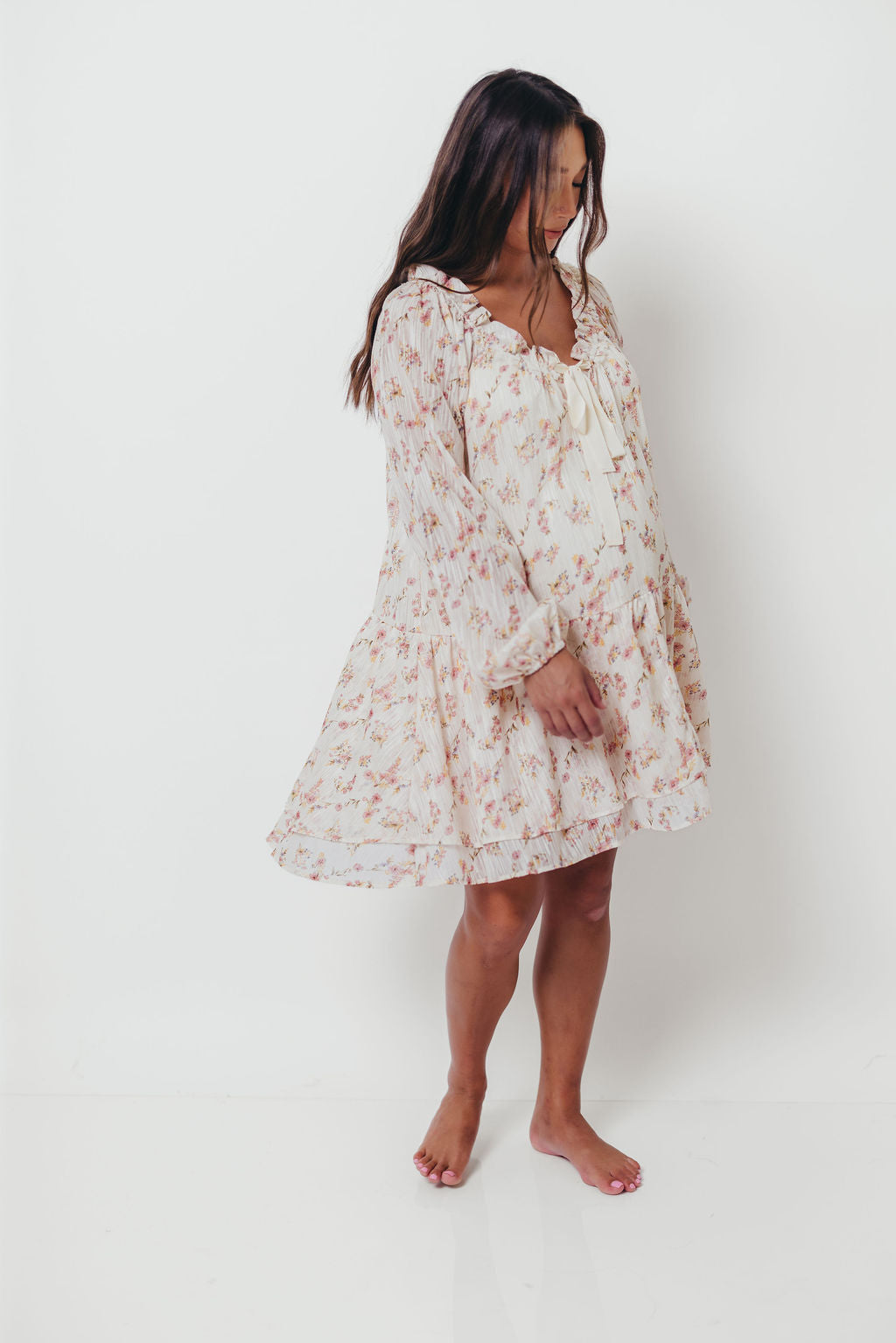 Maui Soft Petals Flare Mini Dress in Cream Multi