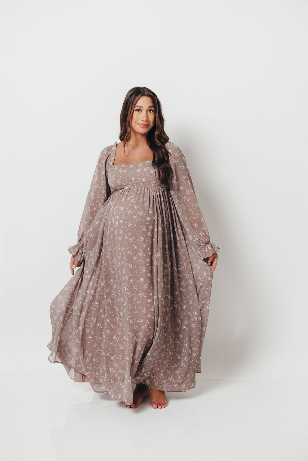 Amy Floral Long Sleeve Maxi Dress in Mocha Multi - Bump Friendly