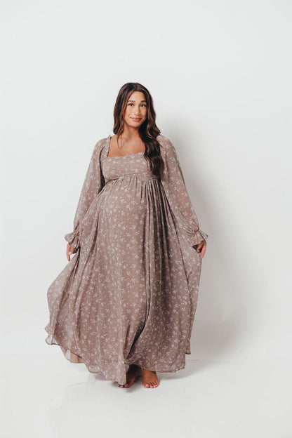 Amy Floral Long Sleeve Maxi Dress in Mocha Multi - Bump Friendly