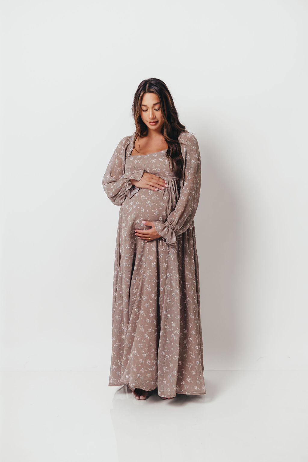 Amy Floral Long Sleeve Maxi Dress in Mocha Multi - Bump Friendly