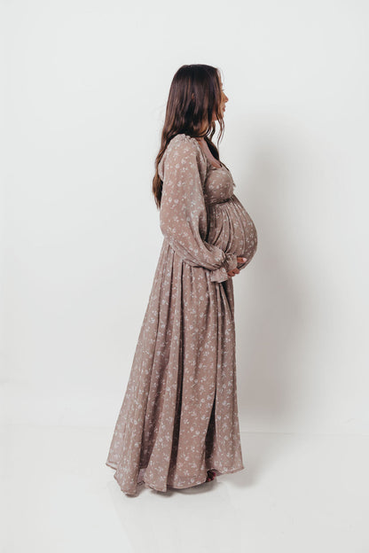 Amy Floral Long Sleeve Maxi Dress in Mocha Multi - Bump Friendly