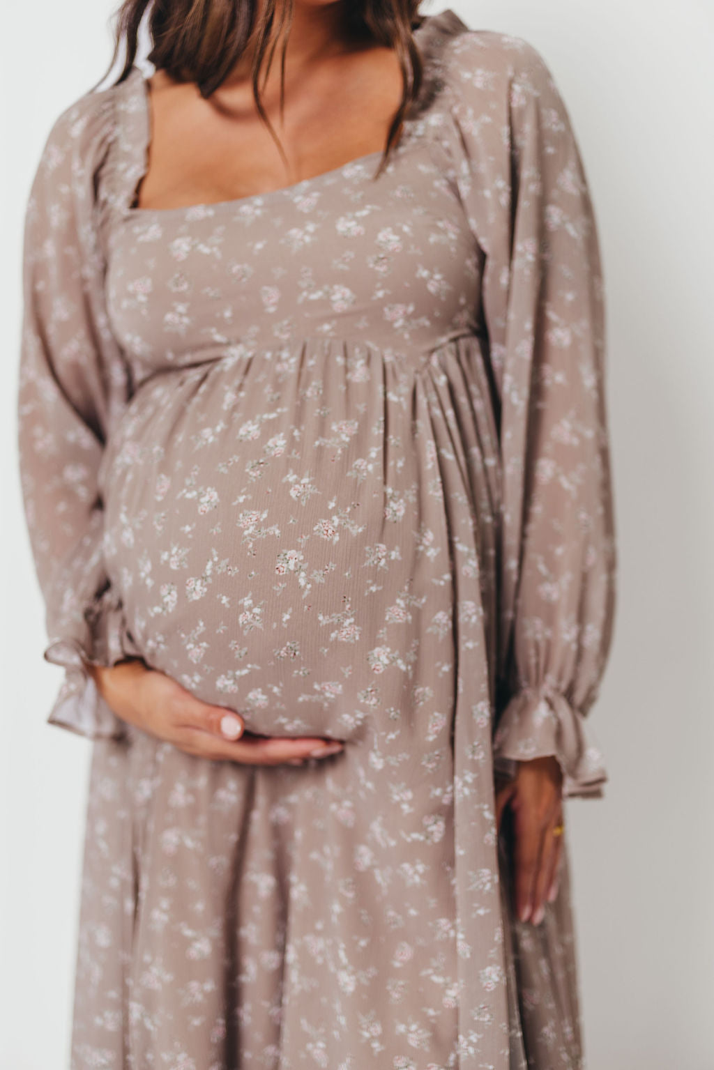 Amy Floral Long Sleeve Maxi Dress in Mocha Multi - Bump Friendly