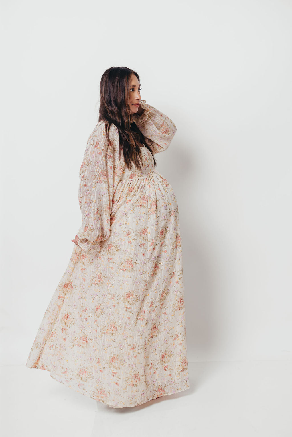 Rosey Woven Floral Print Empire Maxi Dress in Cream Multi - Bump Friendly