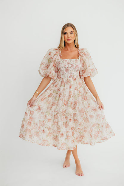 McKenna Puffed Sleeve Tiered Midi Dress in Peach