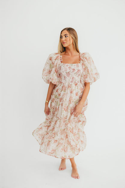 McKenna Puffed Sleeve Tiered Midi Dress in Peach