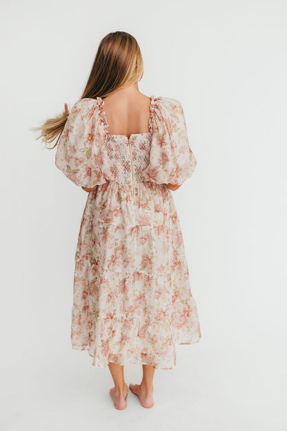 McKenna Puffed Sleeve Tiered Midi Dress in Peach