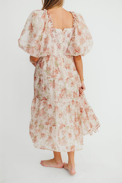 McKenna Puffed Sleeve Tiered Midi Dress in Peach