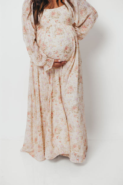 Rosey Woven Floral Print Empire Maxi Dress in Cream Multi - Bump Friendly
