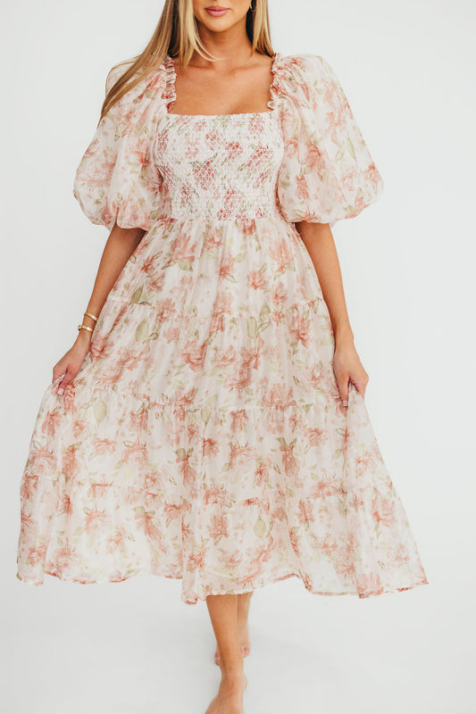 McKenna Puffed Sleeve Tiered Midi Dress in Peach
