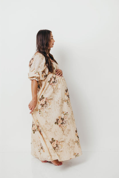 Mona Maxi Dress with Smocking in Cream/Beige Floral - Bump Friendly *9/30 PRE-ORDER*