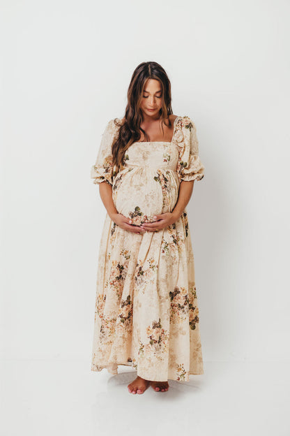 Mona Maxi Dress with Smocking in Cream/Beige Floral - Bump Friendly *9/30 PRE-ORDER*