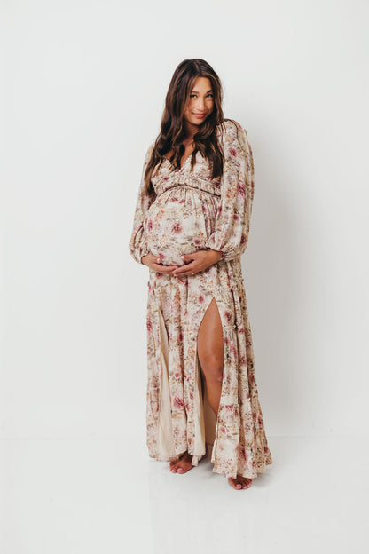 Daphne Long Sleeve Maxi Dress in Pink/Beige Multi Floral - Bump Friendly *9/30 PRE-ORDER*
