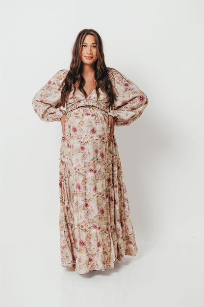 Daphne Long Sleeve Maxi Dress in Pink/Beige Multi Floral - Bump Friendly *9/30 PRE-ORDER*