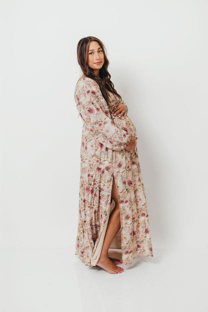 Daphne Long Sleeve Maxi Dress in Pink/Beige Multi Floral - Bump Friendly *9/30 PRE-ORDER*