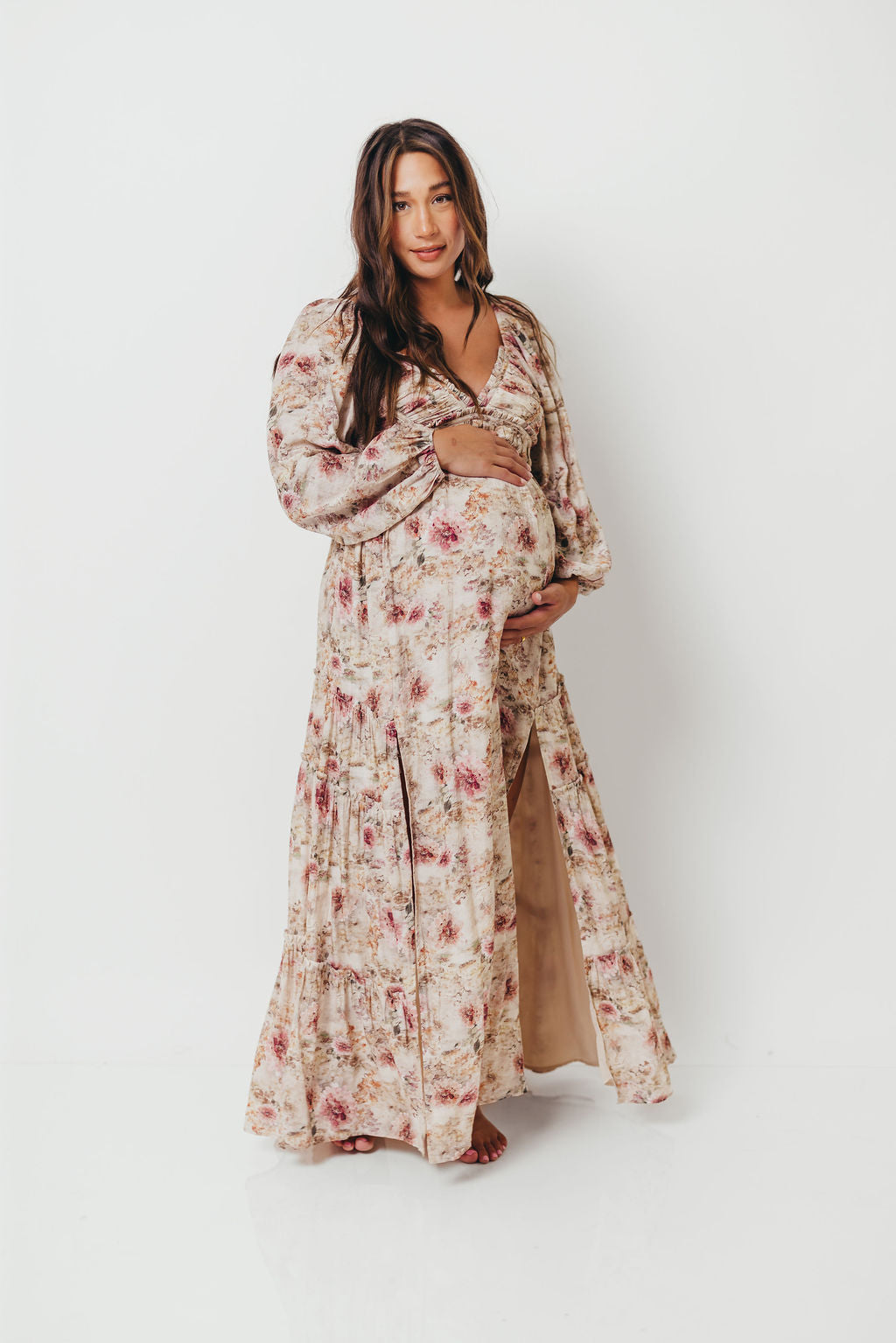 Daphne Long Sleeve Maxi Dress in Pink/Beige Multi Floral - Bump Friendly *9/30 PRE-ORDER*