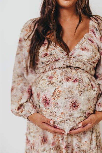Daphne Long Sleeve Maxi Dress in Pink/Beige Multi Floral - Bump Friendly *9/30 PRE-ORDER*