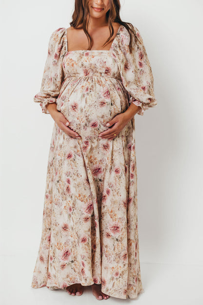 Mona Maxi Dress with Smocking in Pink/Beige Multi Floral - Bump Friendly *9/30 PRE-ORDER*