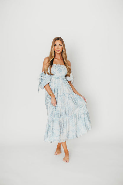 Elena Floral Print Smocked Midi Dress in Blue - Bump Friendly & Inclusive Sizing XS & S Left in Stock)  (Restocking Remaining Sizes in Oct)