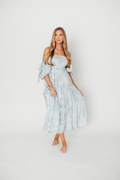 Elena Floral Print Smocked Midi Dress in Blue - Bump Friendly & Inclusive Sizing XS & S Left in Stock)  (Restocking Remaining Sizes in Oct)