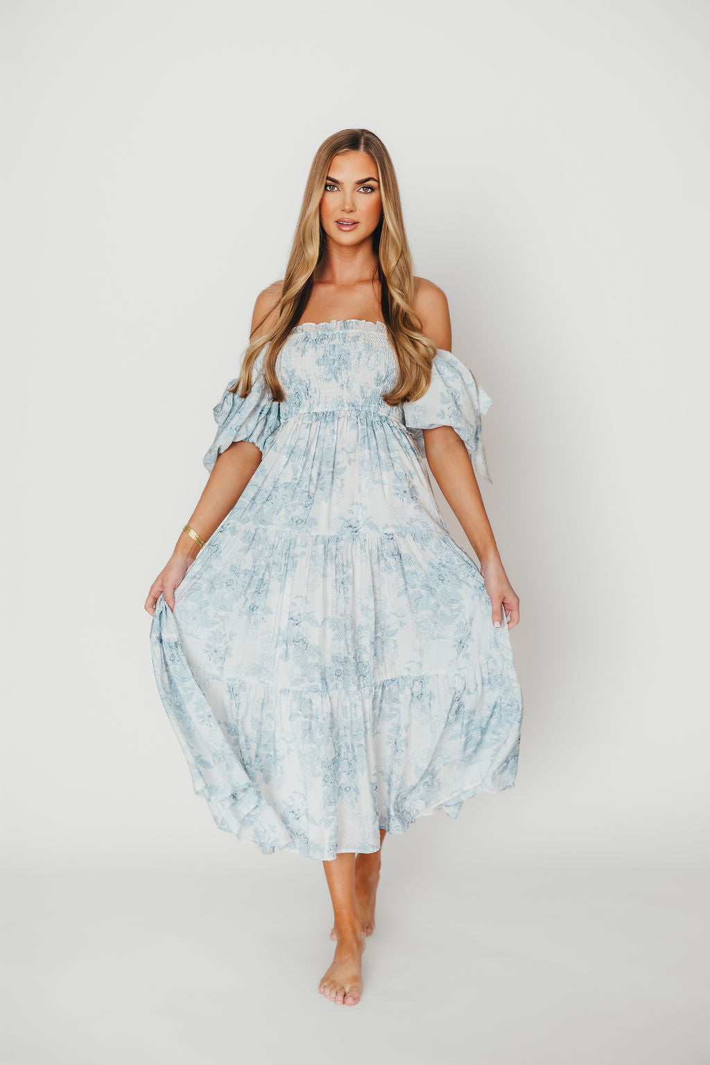 Elena Floral Print Smocked Midi Dress in Blue - Bump Friendly & Inclusive Sizing XS & S Left in Stock)  (Restocking Remaining Sizes in Oct)