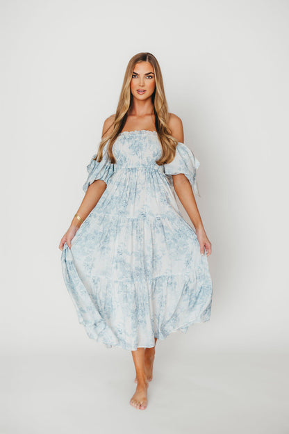 Elena Floral Print Smocked Midi Dress in Blue - Bump Friendly & Inclusive Sizing XS & S Left in Stock)  (Restocking Remaining Sizes in Oct)
