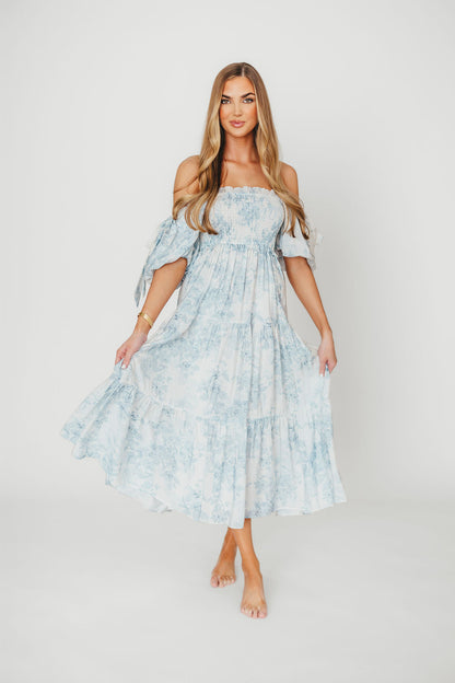 Elena Floral Print Smocked Midi Dress in Blue - Bump Friendly & Inclusive Sizing XS & S Left in Stock)  (Restocking Remaining Sizes in Oct)