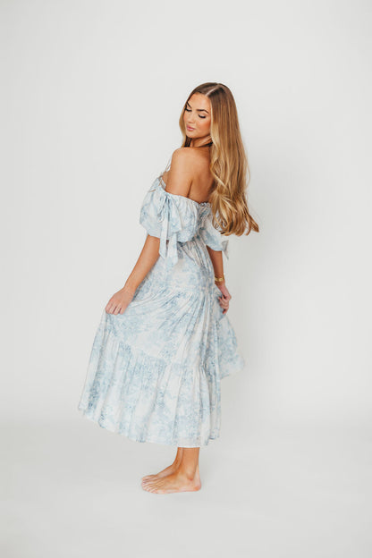 Elena Floral Print Smocked Midi Dress in Blue - Bump Friendly & Inclusive Sizing XS & S Left in Stock)  (Restocking Remaining Sizes in Oct)